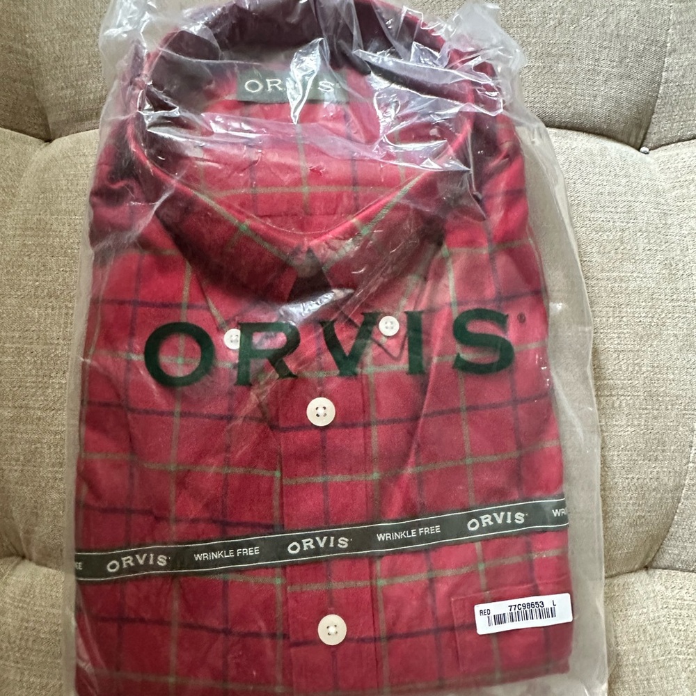 Orvis Mens Shirt Long Sleeve Button Front Red Blue Green Cotton Plaid (size L)